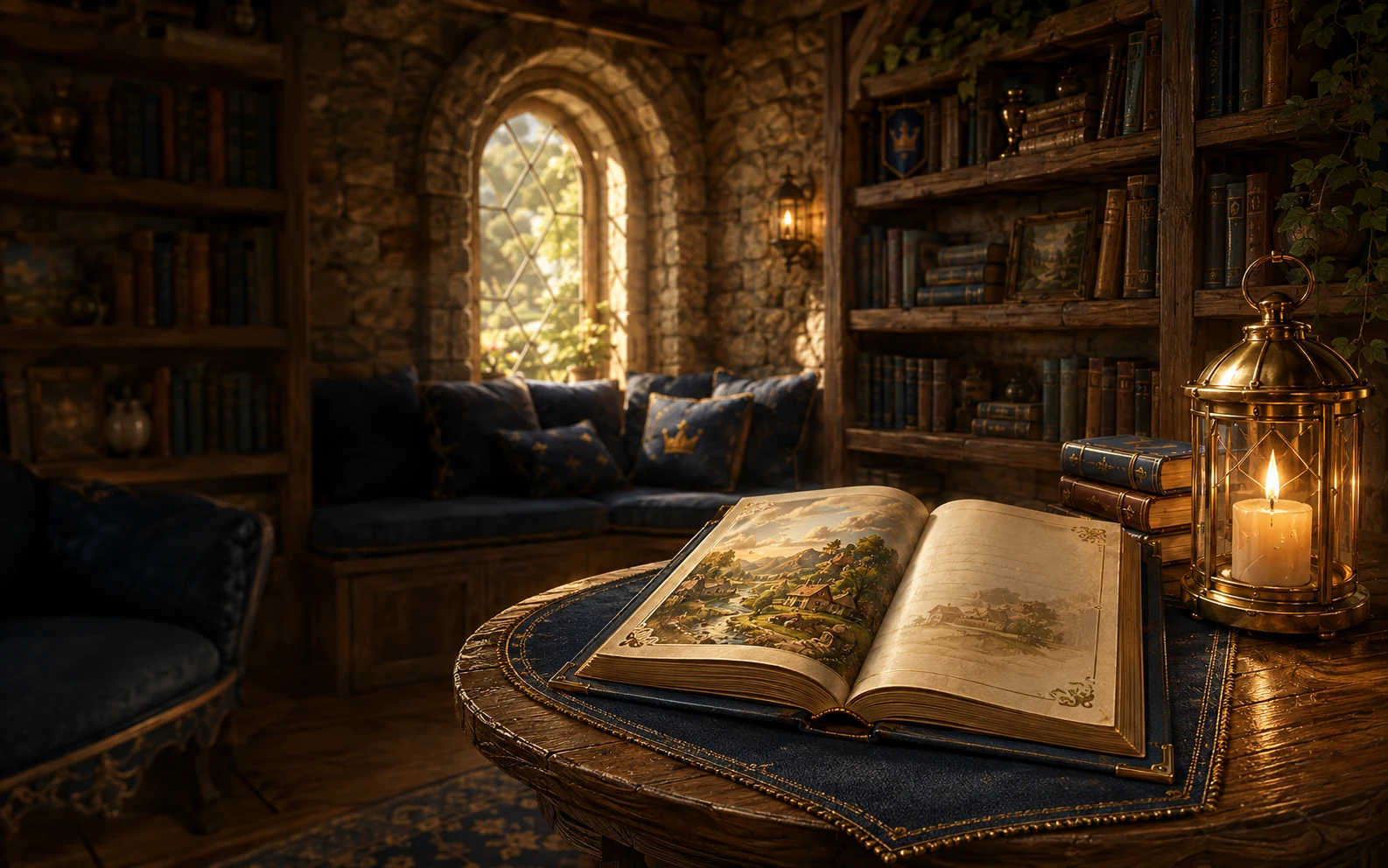 A welcoming Academy reading room with an open storybook and warm lanterns