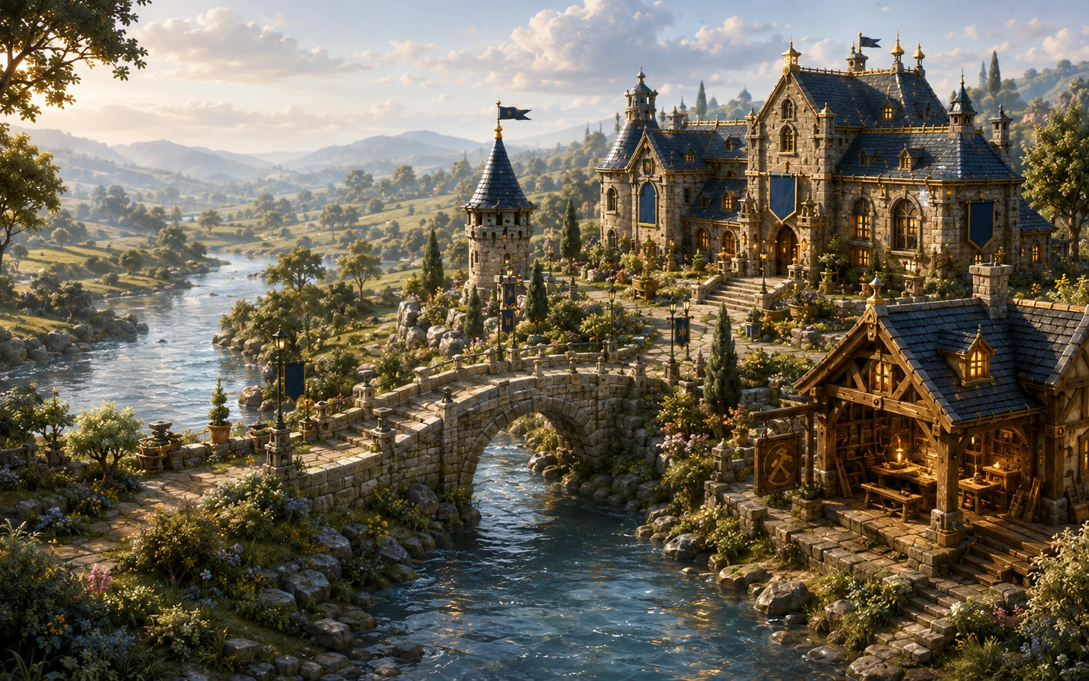 A sunlit kingdom beside the river, with a stone bridge, workshop and gardens