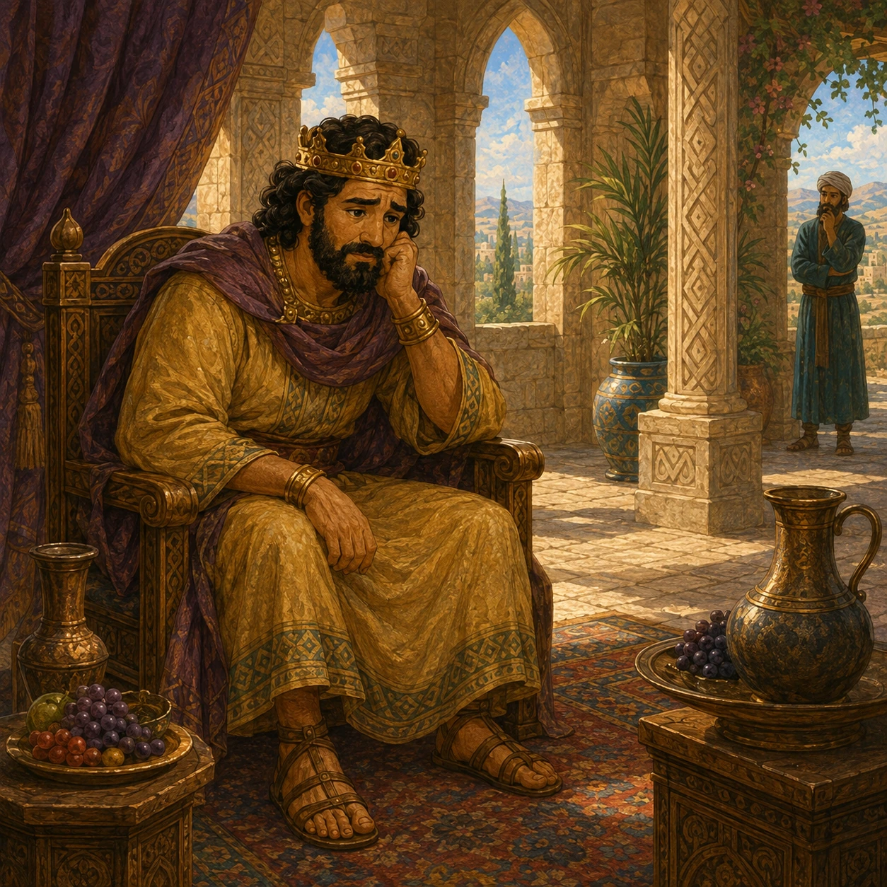 A worried king. King Saul felt worried. His big palace did not make him feel better. Who could help him find a peaceful moment?
