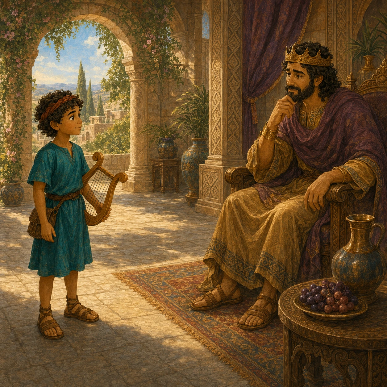 David brings a song. David came with his harp. He listened first. Then he found a quiet place to sit. He wanted to help.