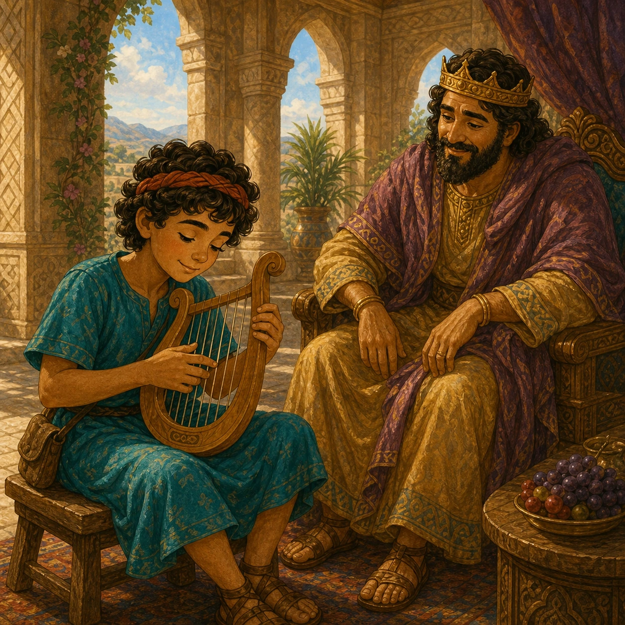 Gentle music. Plink, plink, plink. David played softly. The king took a slow breath. The room began to feel calm.