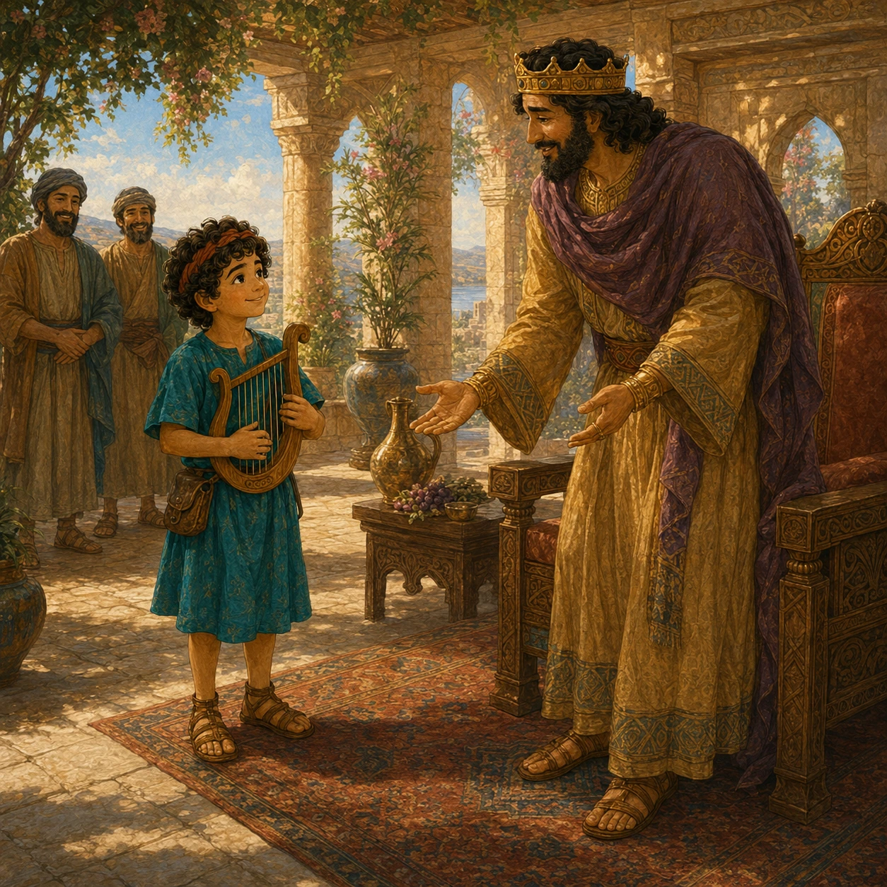 A gift to share. The king felt calmer. David was glad he could help. A song can be a kind gift. What could you share?