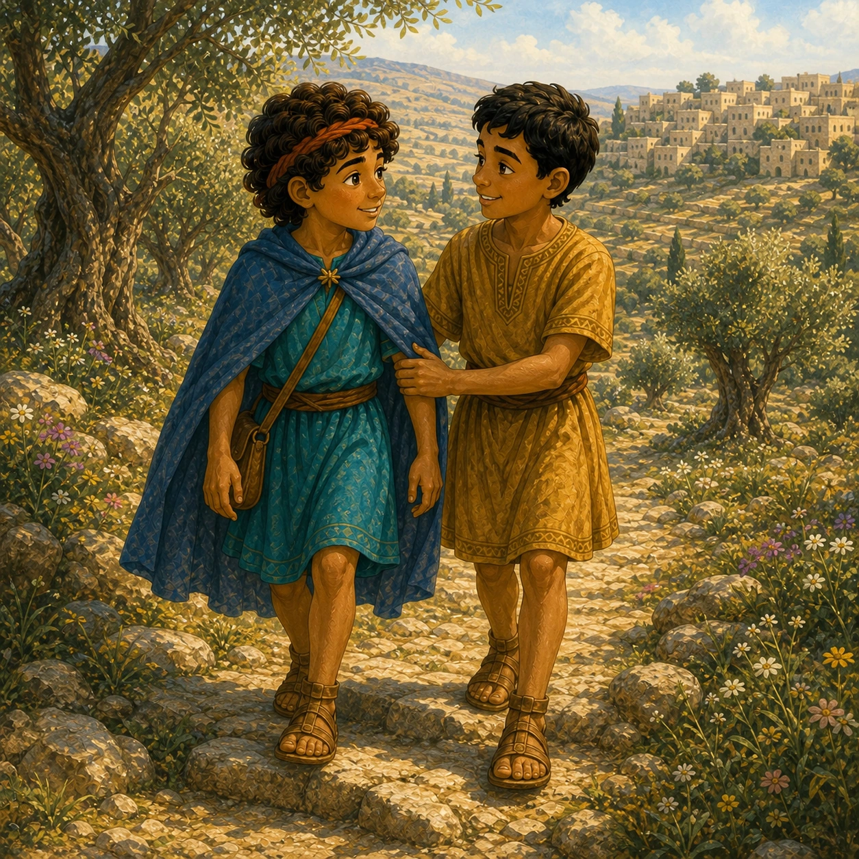 Side by side. Friends can cheer. Friends can share. Friends can tell the truth kindly. David and Jonathan cared for each other, side by side.