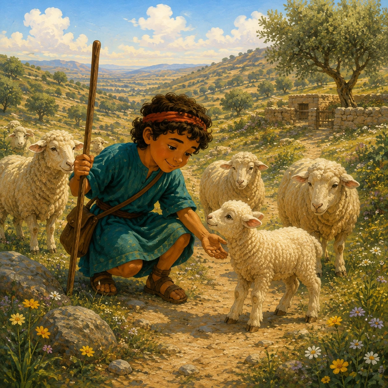 A little helper. David had a little job. He cared for the sheep. Every sheep mattered to him.