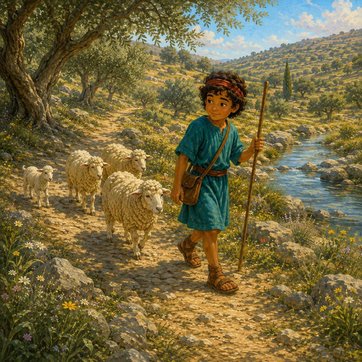A safe path. The sheep needed grass and water. David led them gently. He watched the path. He kept his flock together.