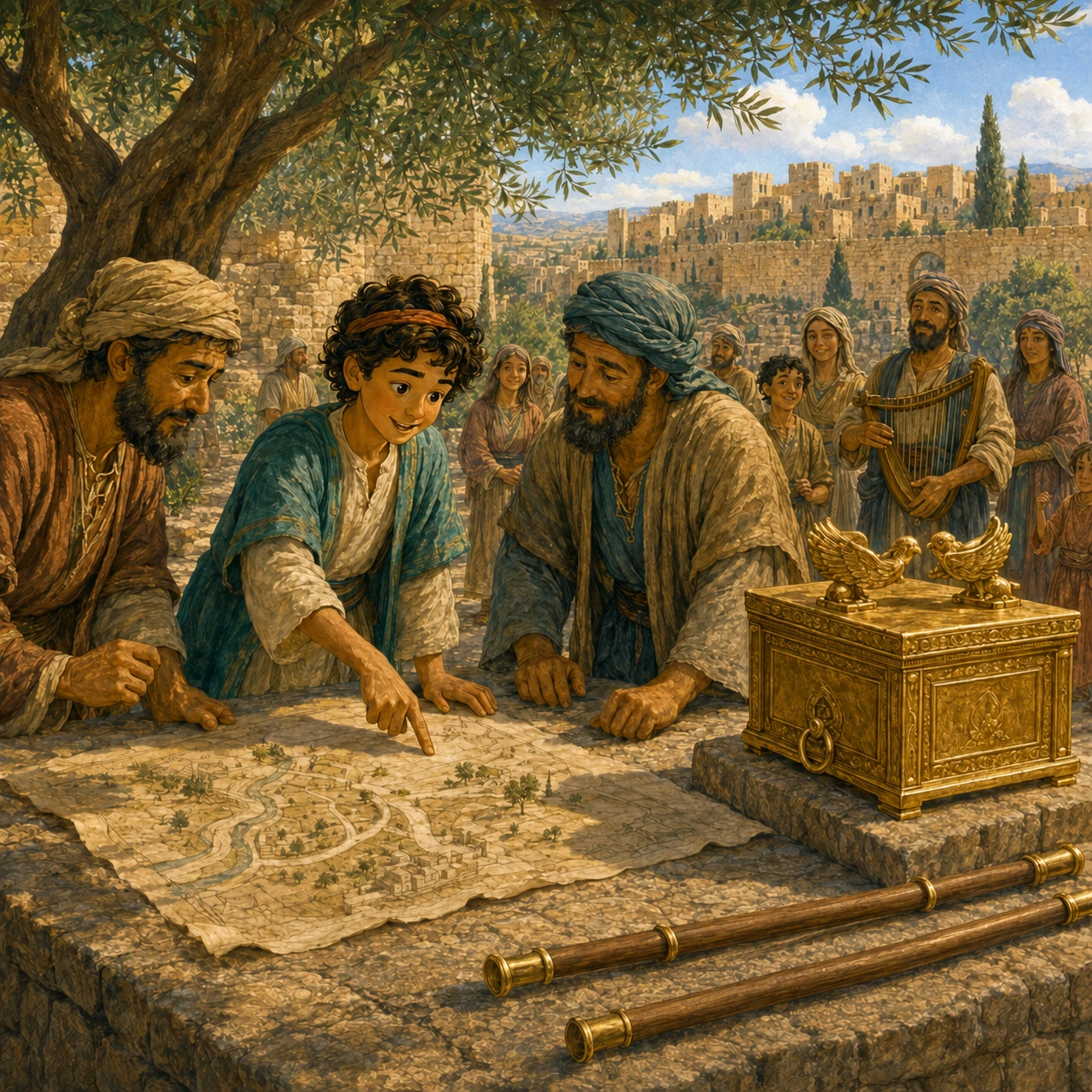 A happy plan. David wanted to bring God’s special chest home. The people were excited. They needed to learn the right way to carry it.