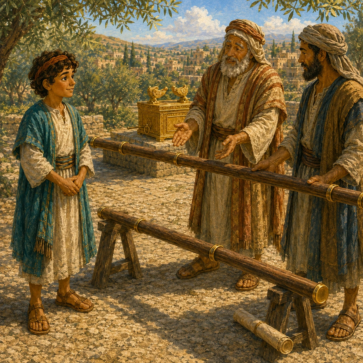 Stop and listen. David stopped to listen. The helpers checked the instructions. They got the carrying poles ready. Now they knew what to do.