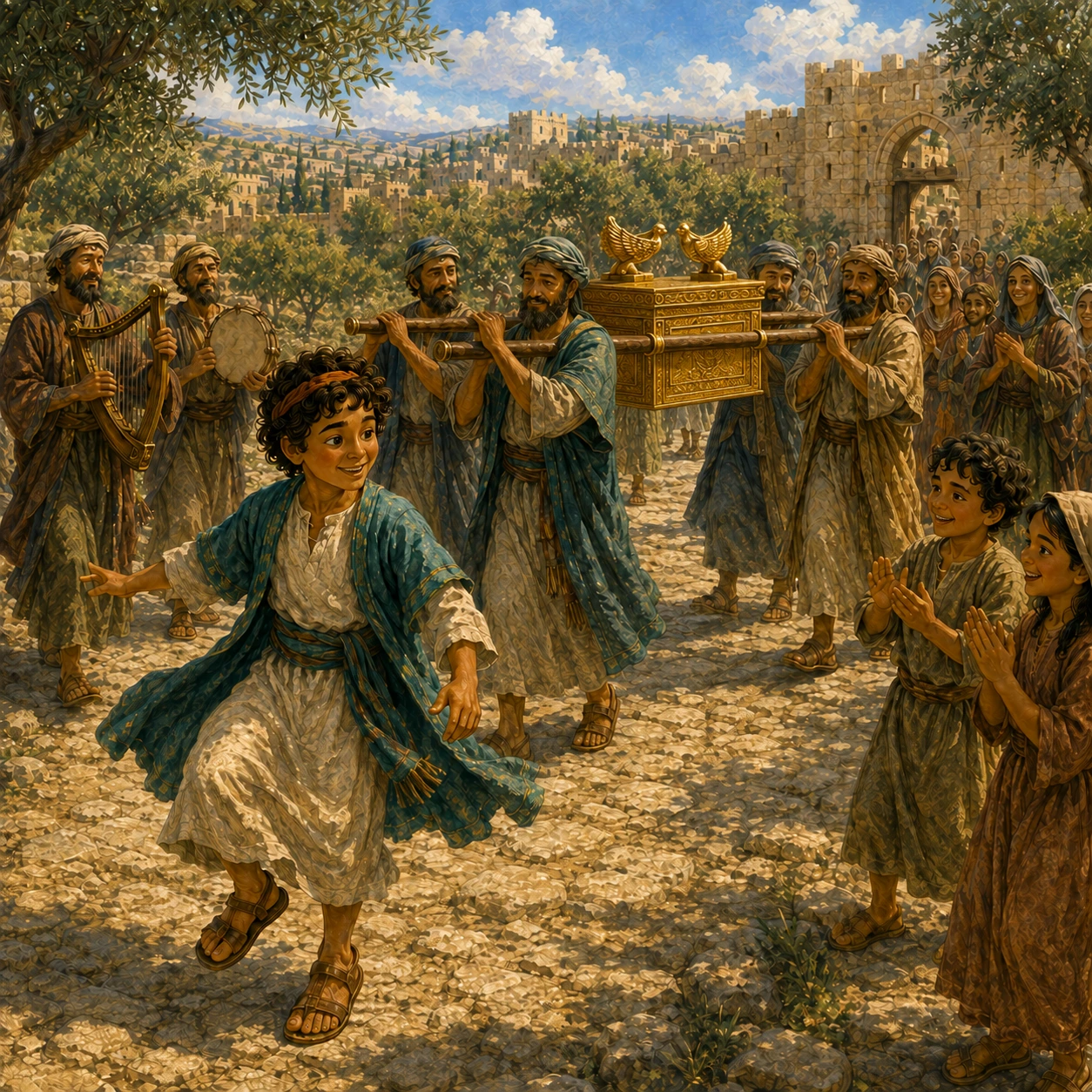 Music on the road. Step, step, step! The helpers carried the chest carefully. David danced with joy. Music filled the road.