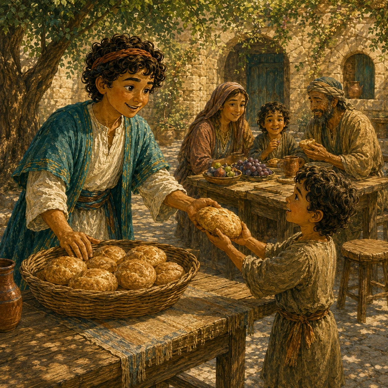 Bread to share. David shared bread with the people. Families ate together. Everyone had a place in the happy day. Sharing made it better.