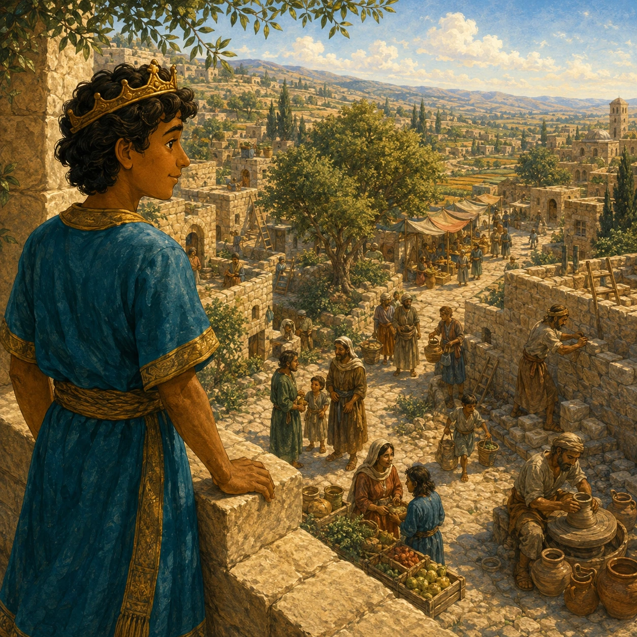A very big job. Solomon was the new king. Many people needed his help. He had a crown, but he still had much to learn.