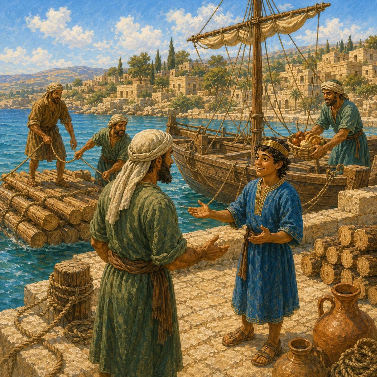 Friends bring wood. Friends sent strong cedar wood across the water. Helpers brought food and tools. Many people shared their skills. No one built alone.