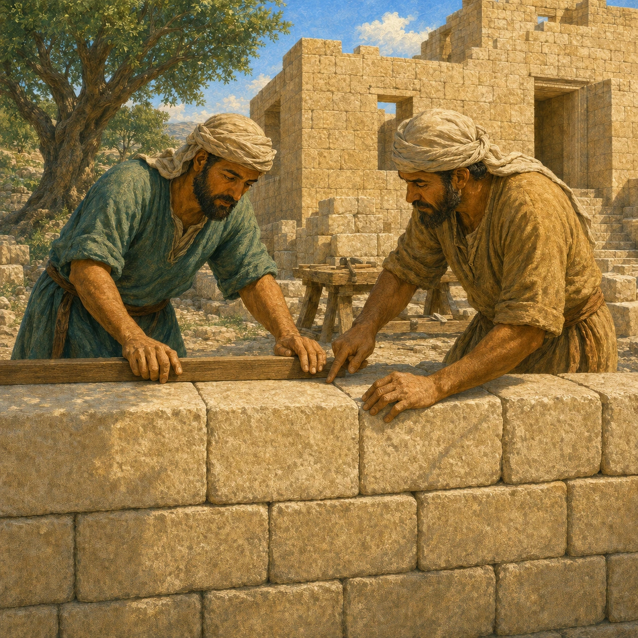 It fits!. The stones arrived ready. The builders put them in place. One stone, then another. The house grew, piece by piece.