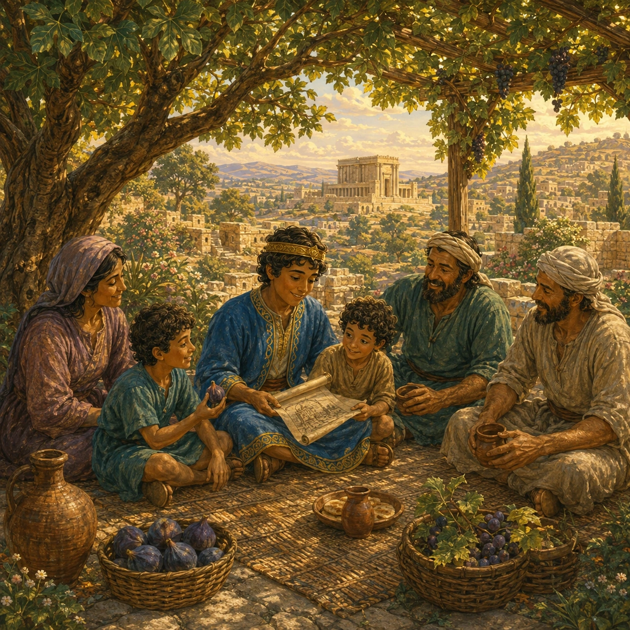 Time to rest. The work was done. Families rested beneath the trees. They could be together in peace. Good building helps people live well.