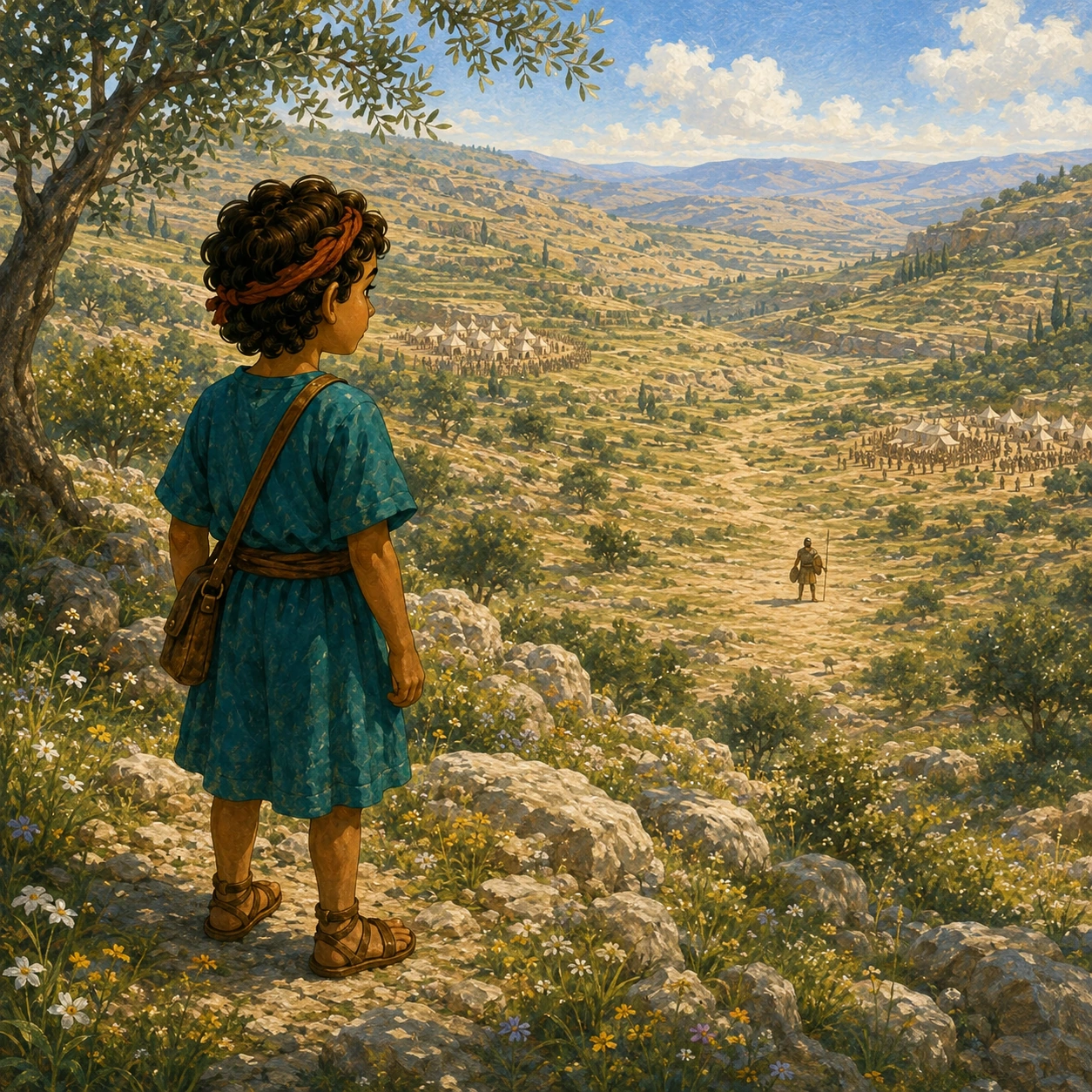 A big worry. A giant shouted across the valley. The people felt afraid. David remembered God’s care. He knew he could ask for help.