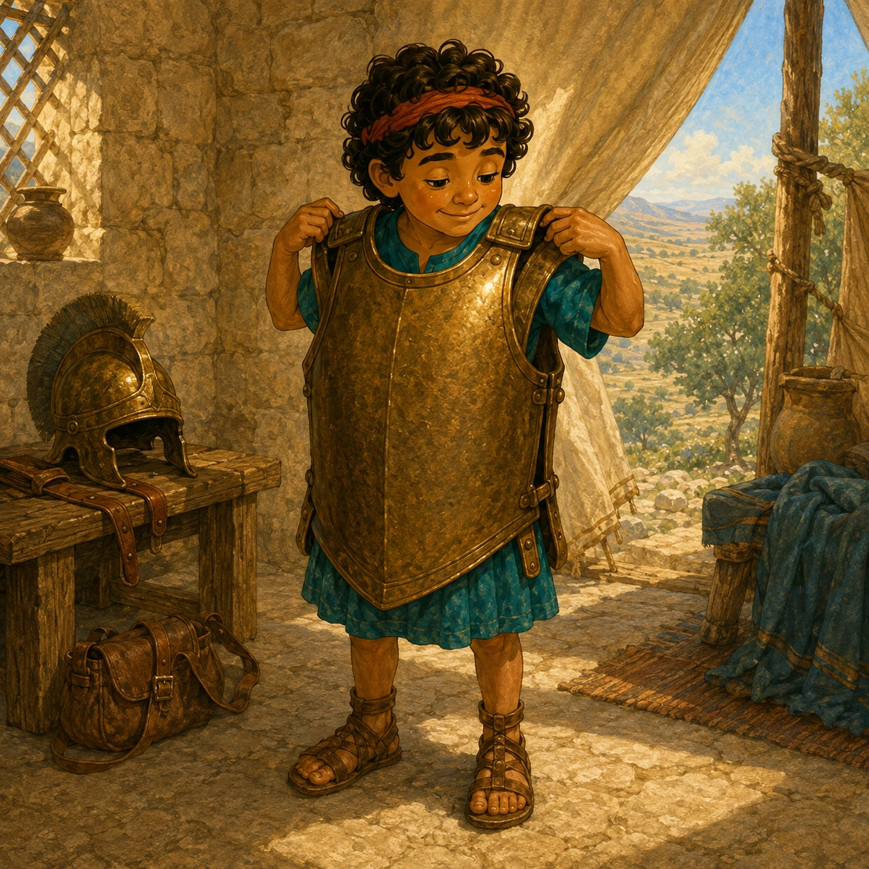 Too big!. David tried the king’s heavy armor. Clunk! It did not fit. He took it off. He would use the tools he knew.