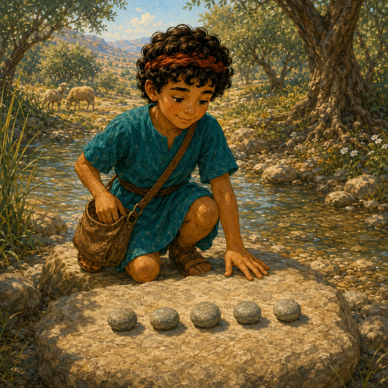 Five smooth stones. David stopped beside a stream. He chose five smooth stones. One, two, three, four, five. He got ready with care.