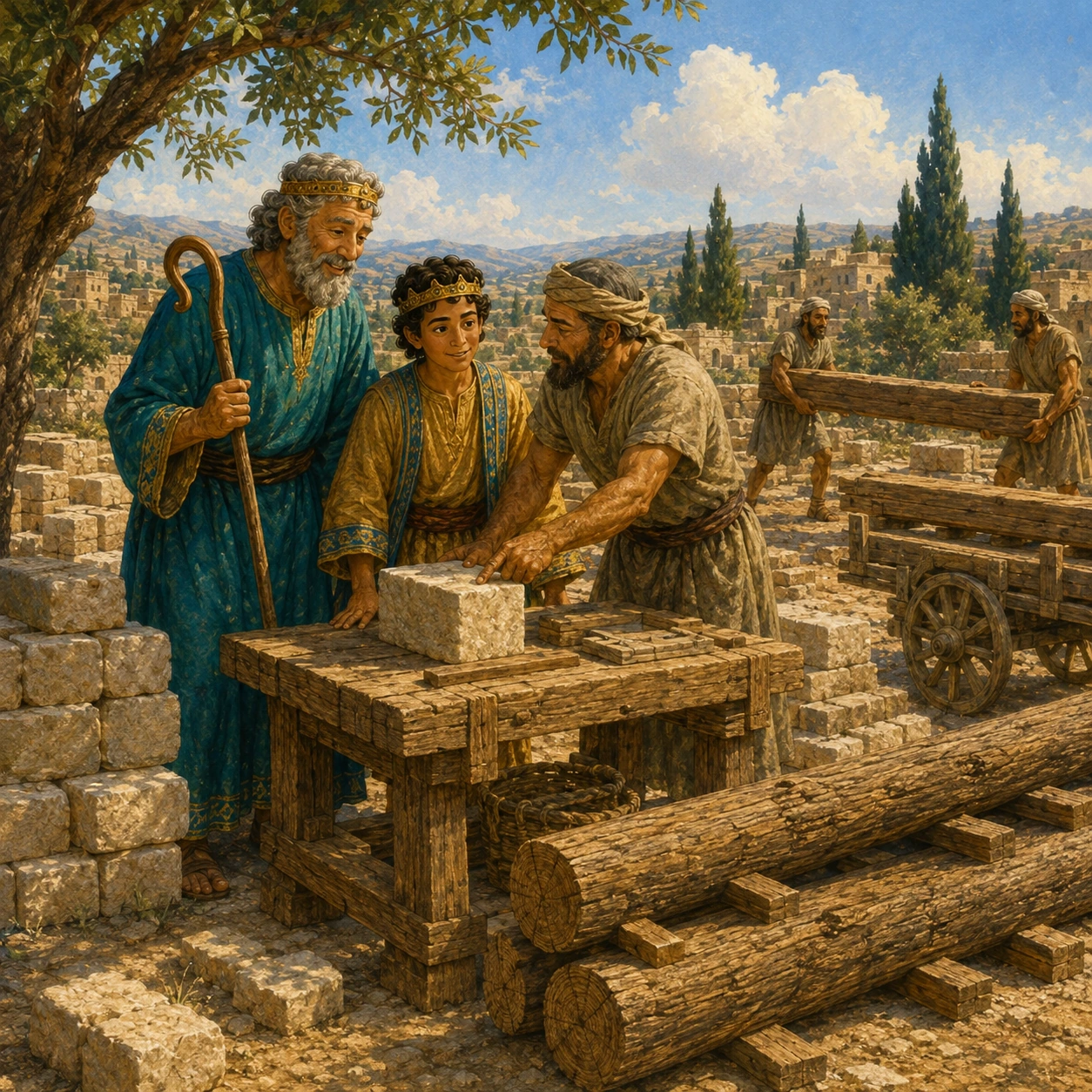 Getting ready. David gathered wood and stone. He found people who could help. “These are for you, Solomon.” His son would not build alone.