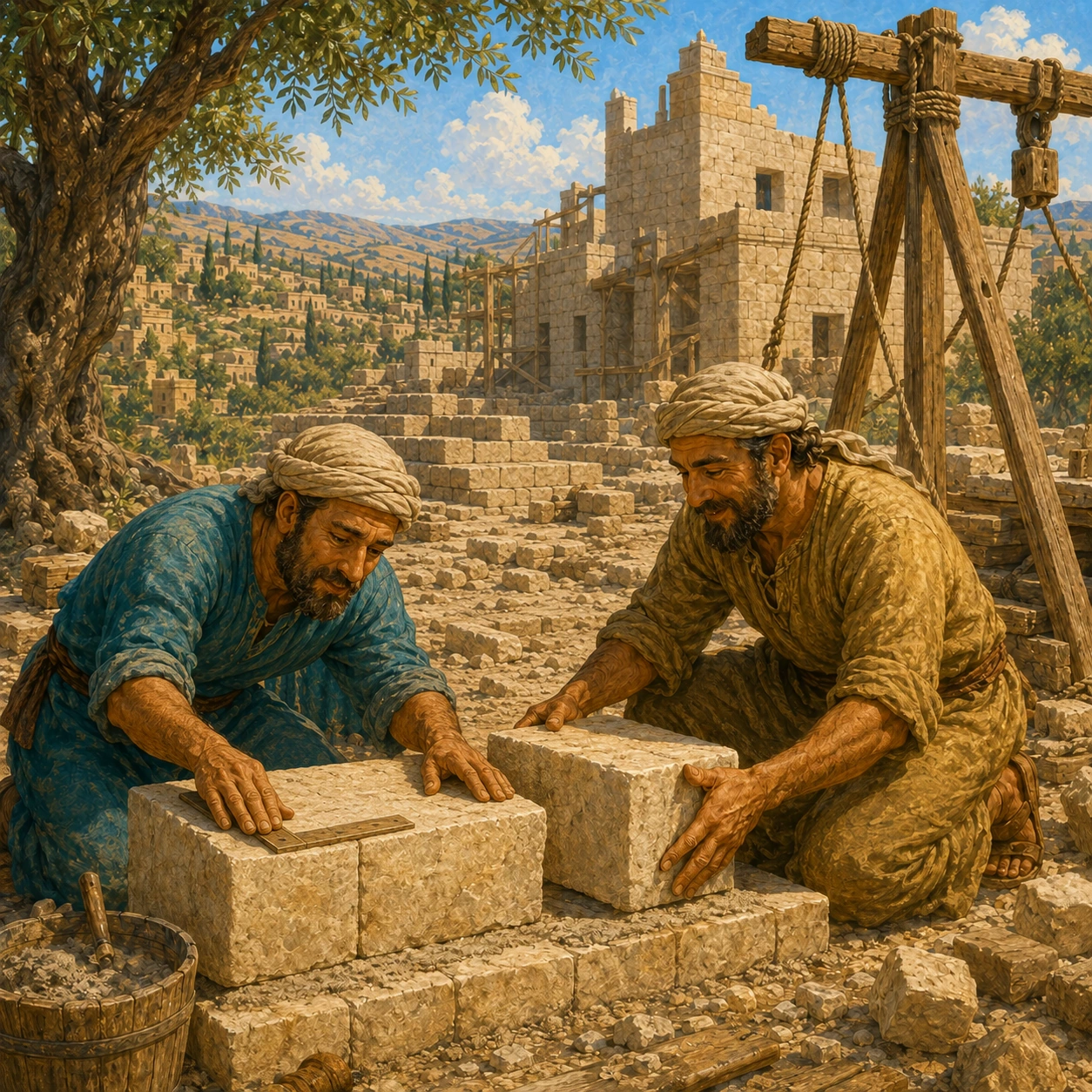 Piece by piece. The builders got the stones ready. They checked each one. Then the pieces fit together. Little by little, the house grew.