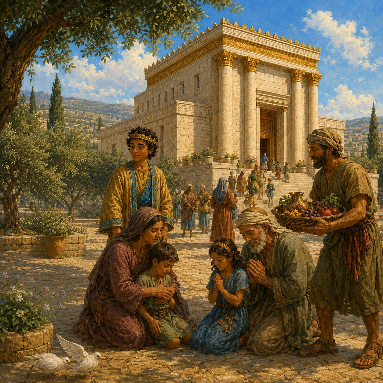 A place for peace. The house was ready! People came to pray and give thanks. They had a special place to gather. Solomon was glad.