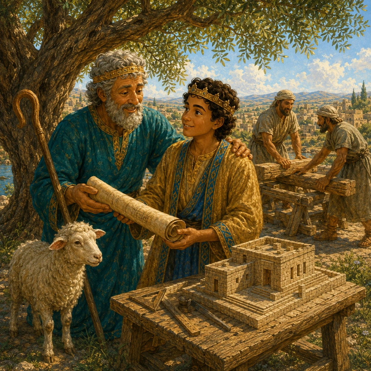 We help each other. David helped Solomon get ready. Solomon helped the people build. Many kind hands made one good thing. We can help each other, too.