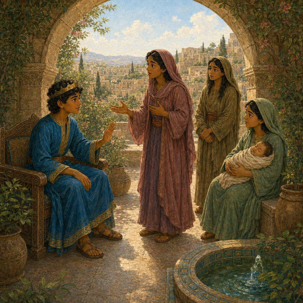 Two people speak. Two women came to King Solomon. Both said the baby was hers. A helper held the baby safely. Solomon listened to each woman.