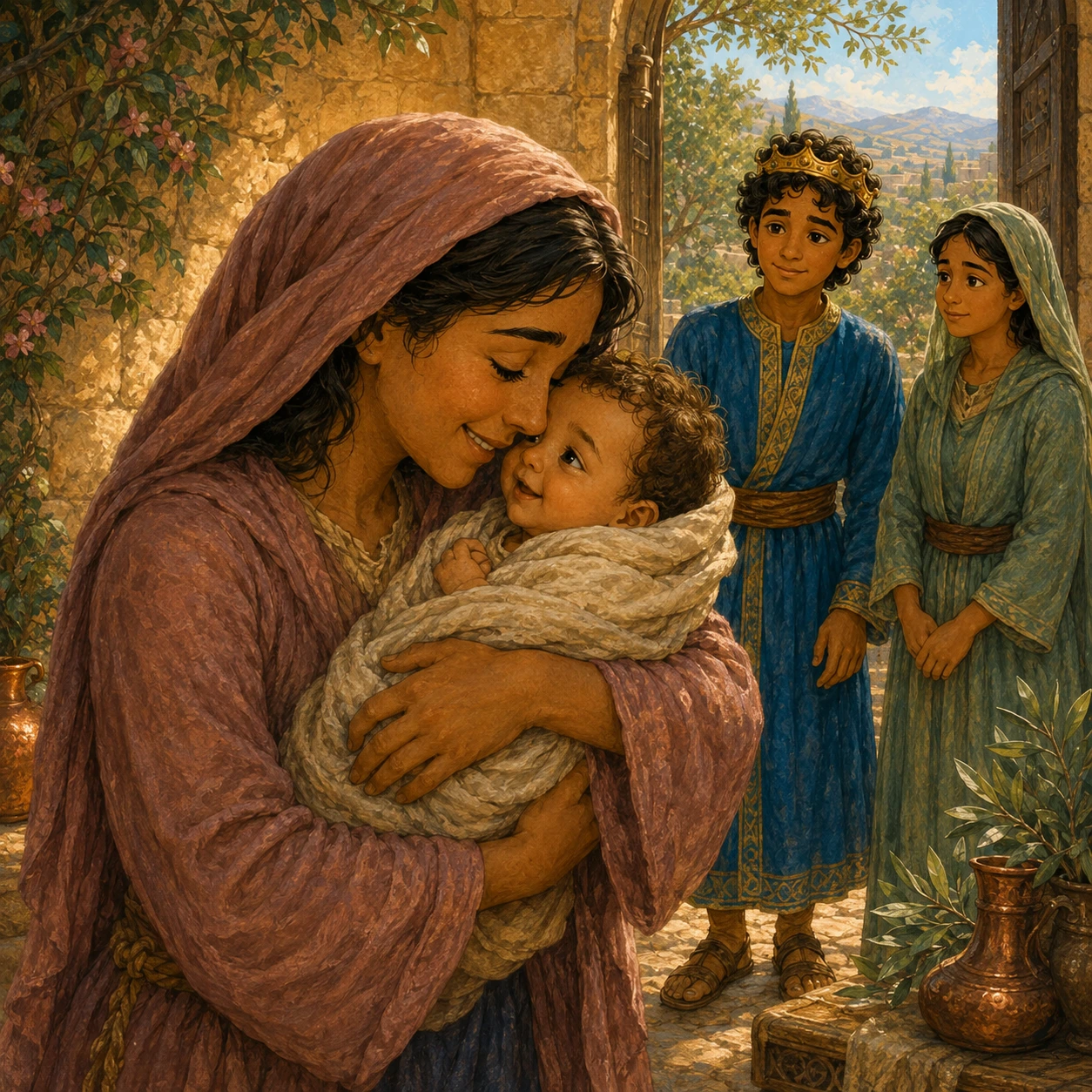Home with love. Solomon knew who the mother was. He gave the baby back to her. The little child went home safe and loved.