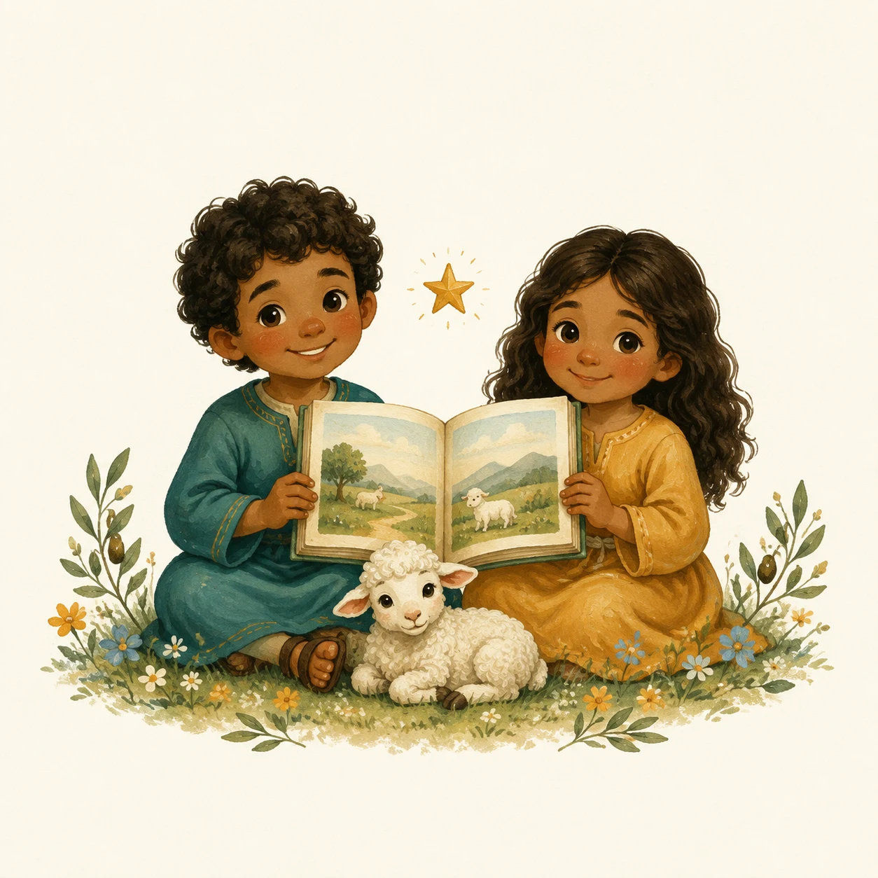 Two happy readers and a lamb celebrating a finished story